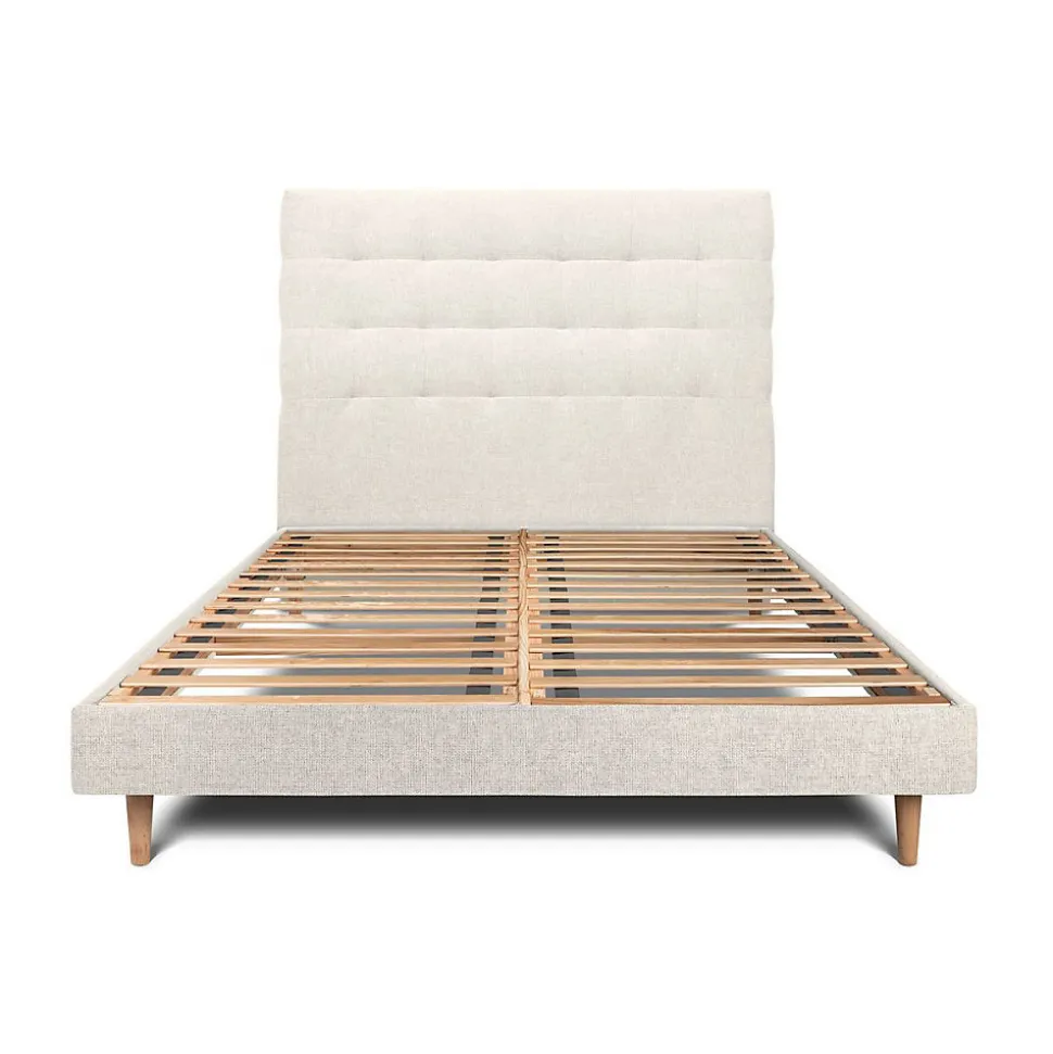 Lit avec tête de lit capitonnée tissu et sommier kit - Lit en bois massif