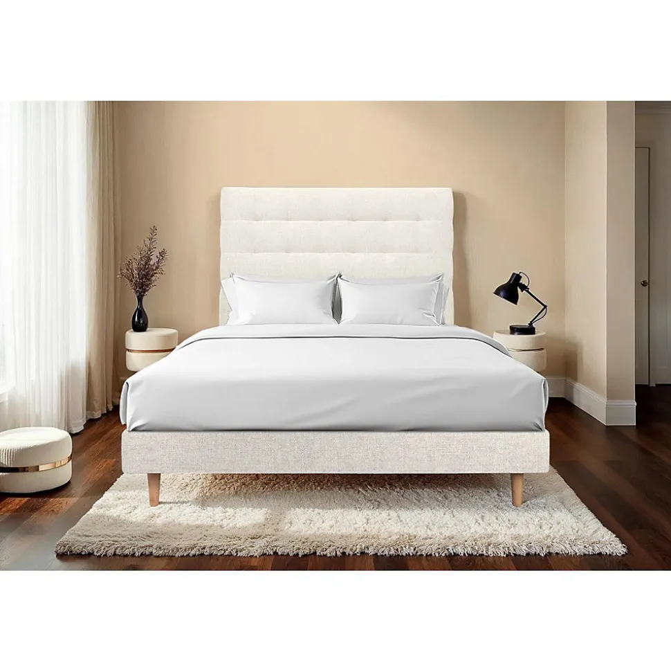 Lit avec tête de lit capitonnée tissu et sommier kit - Lit en bois massif