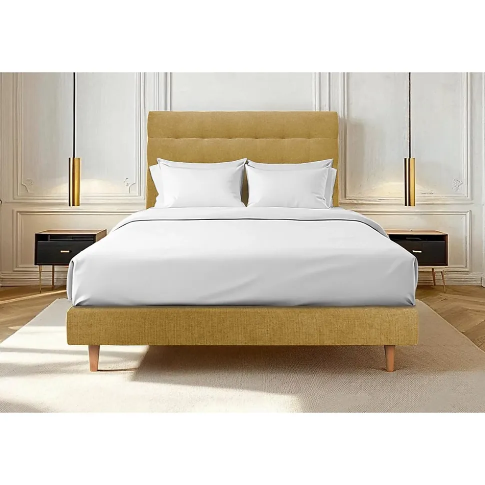 Lit avec tête de lit capitonnée tissu et sommier tapissier - Lit en bois massif