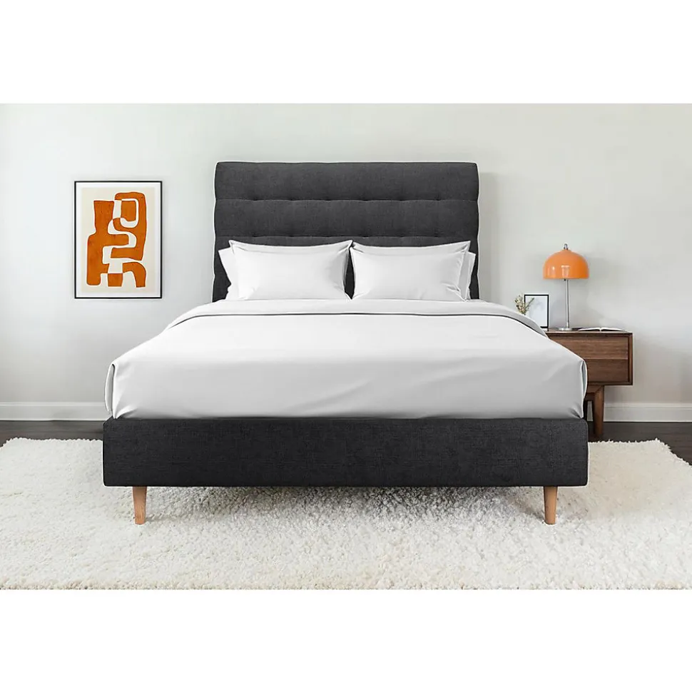 Lit avec tête de lit capitonnée tissu et sommier tapissier - Lit en bois massif