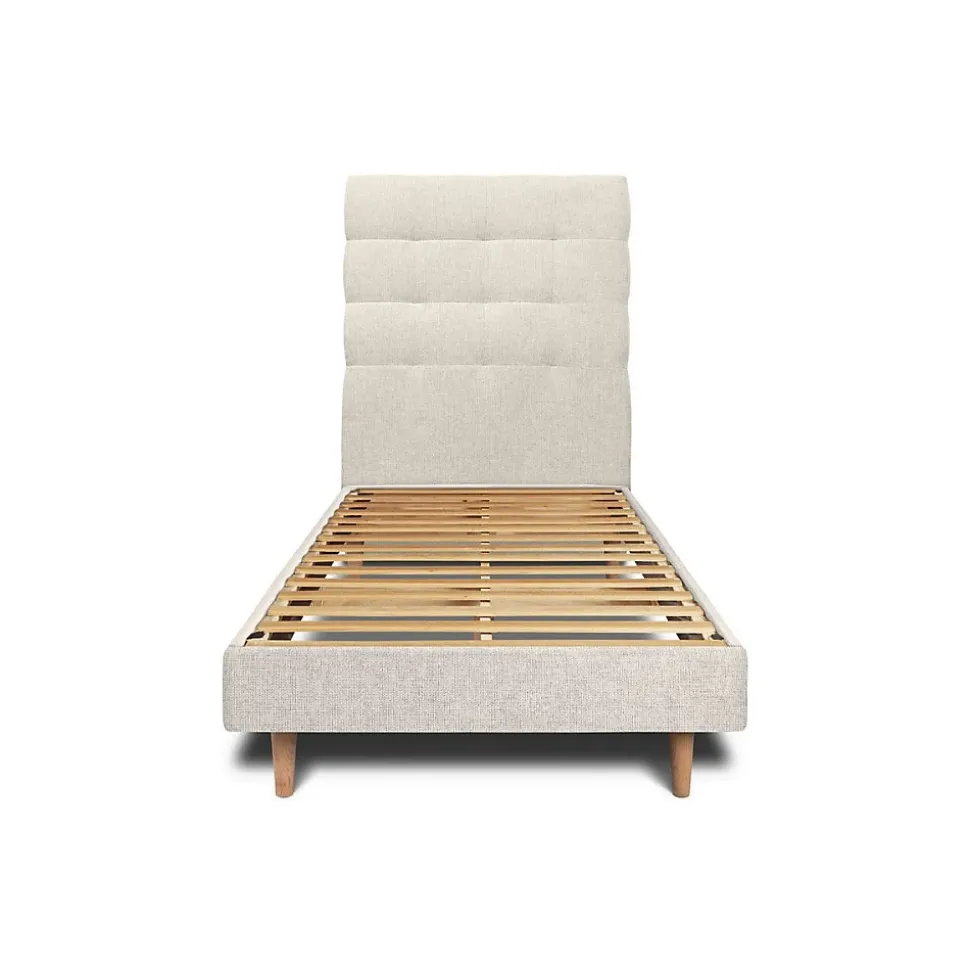 Lit avec tête de lit capitonnée tissu et sommier kit - Lit en bois massif