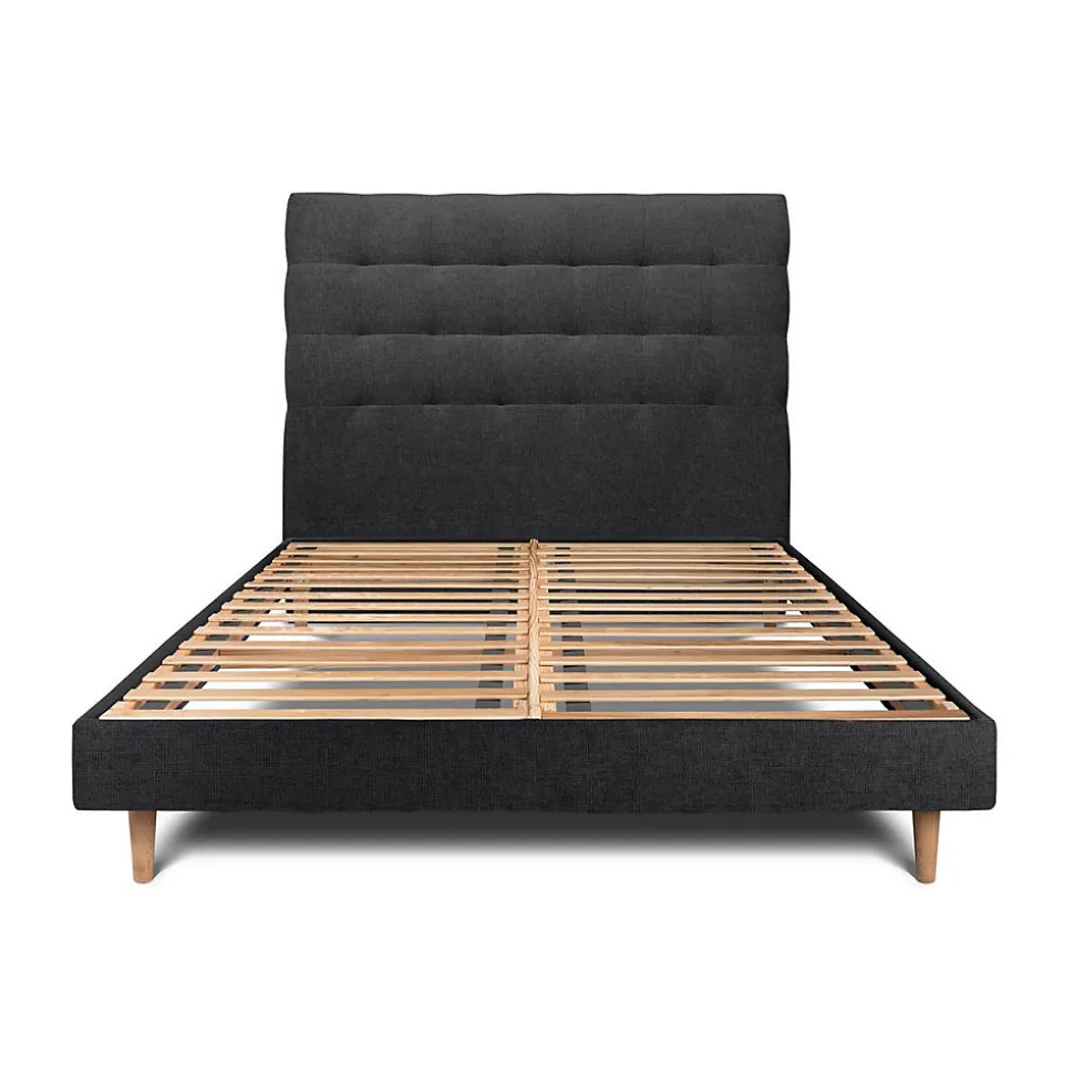 Lit avec tête de lit capitonnée tissu et sommier kit - Lit en bois massif