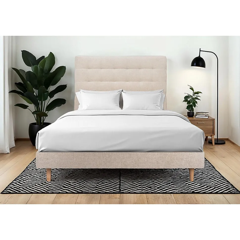 Lit avec tête de lit capitonnée tissu et sommier kit - Lit en bois massif