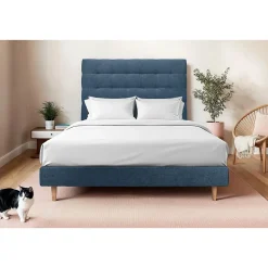 Lit avec tête de lit capitonnée tissu et sommier tapissier - Lit en bois massif