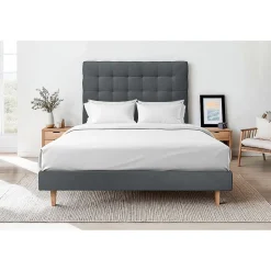 Lit avec tête de lit capitonnée velours et sommier - Lit en bois massif
