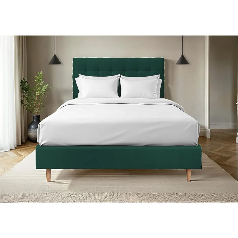 Lit avec tête de lit capitonnée velours et sommier - Lit en bois massif