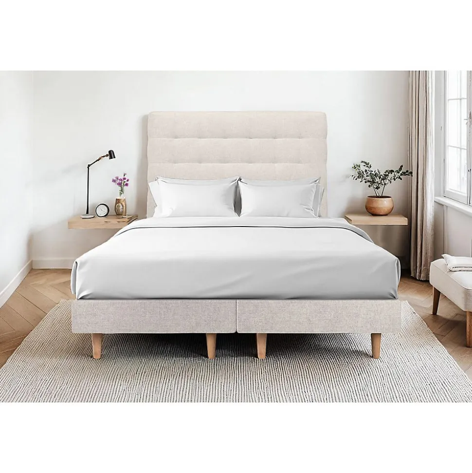 Lit avec tête de lit capitonnée tissu et sommier tapissier - Lit en bois massif