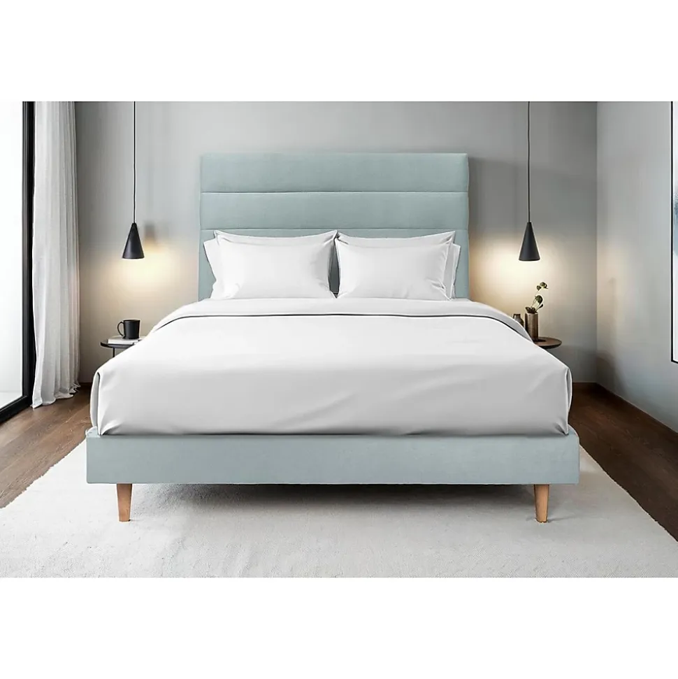 Lit avec tête de lit lignes velours et sommier kit - Lit en bois massif