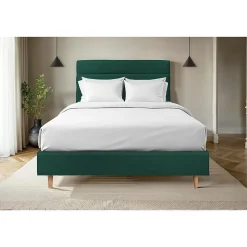 Lit avec tête de lit lignes velours et sommier tapissier - Lit en bois massif