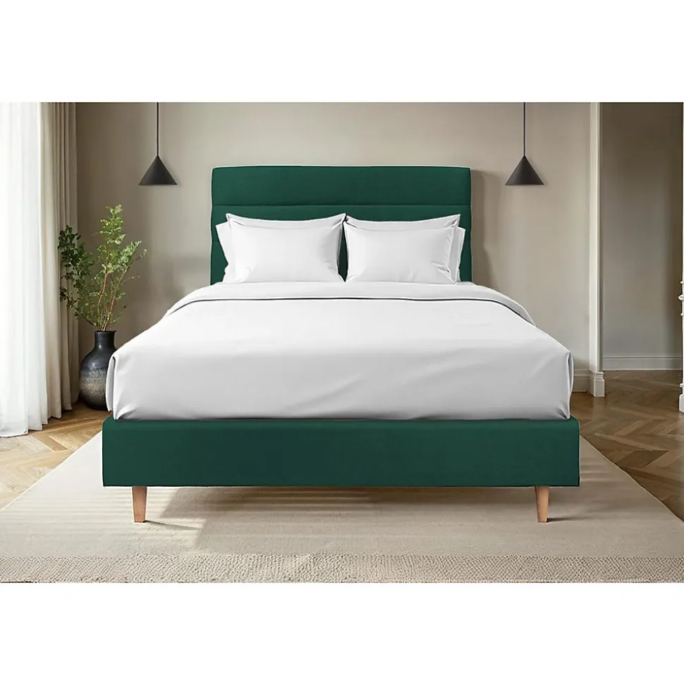 Lit avec tête de lit lignes velours et sommier tapissier - Lit en bois massif