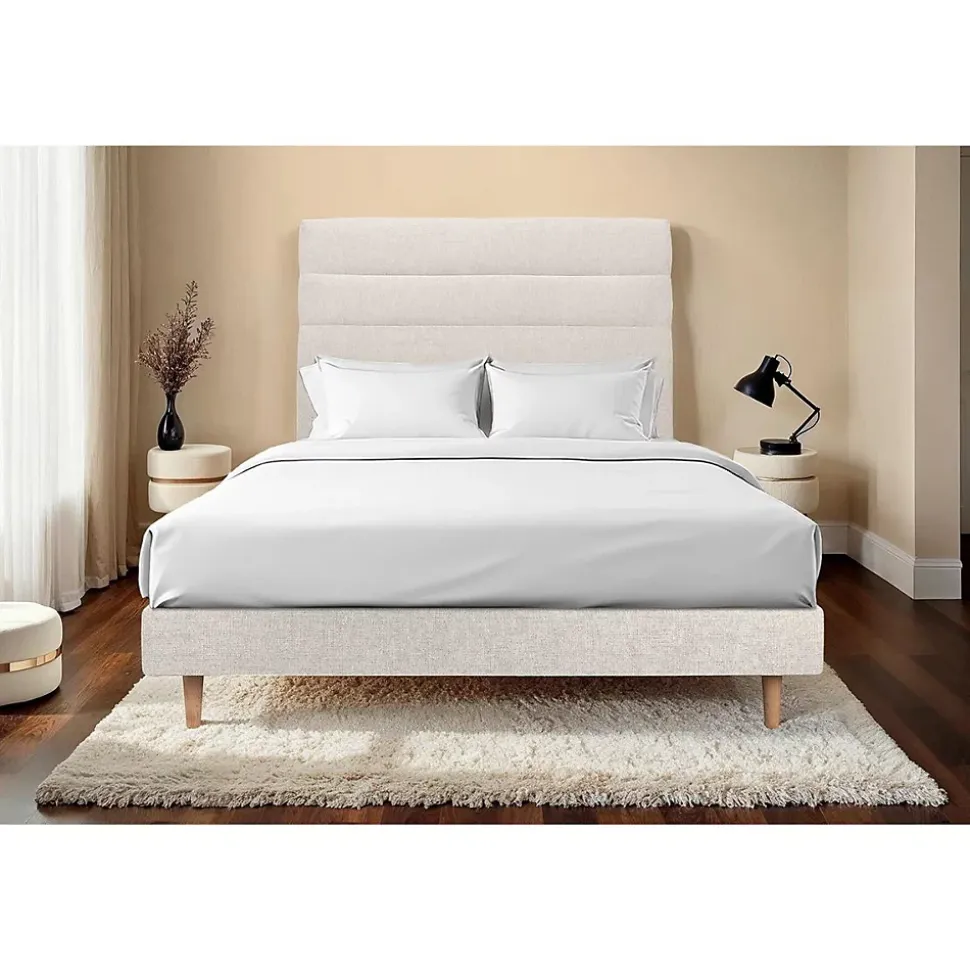 Lit avec tête de lit lignes tissu et sommier kit - Lit en bois massif