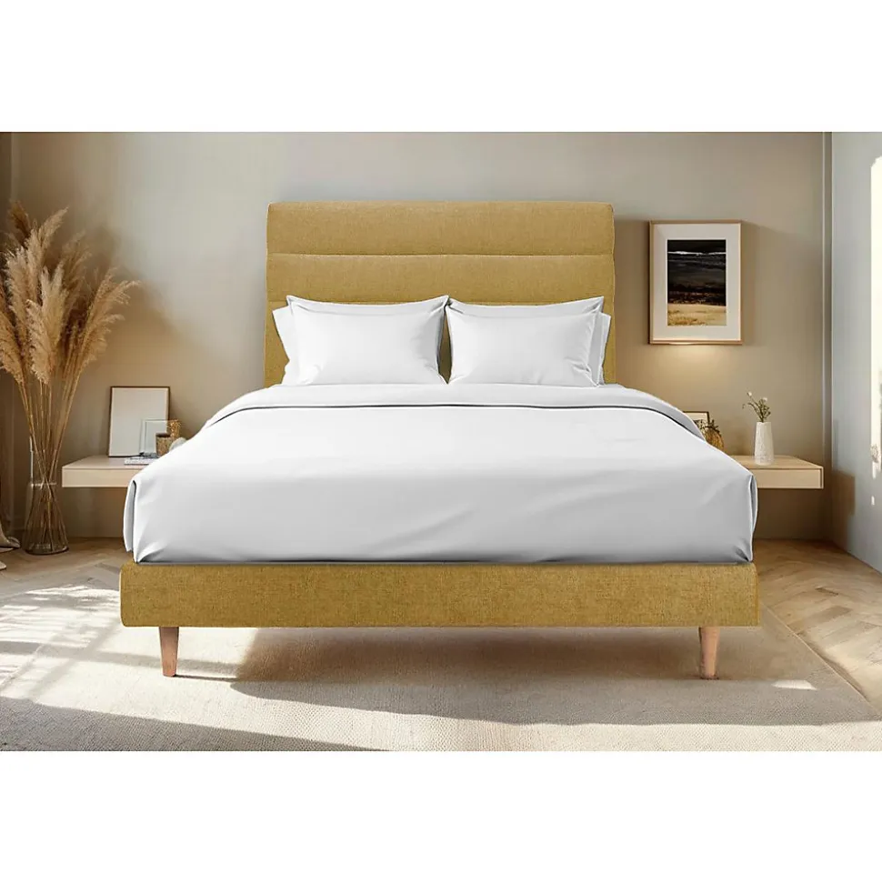 Lit avec tête de lit lignes tissu et sommier kit - Lit en bois massif