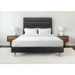 Lit avec tête de lit lignes tissu et sommier tapissier - Lit en bois massif