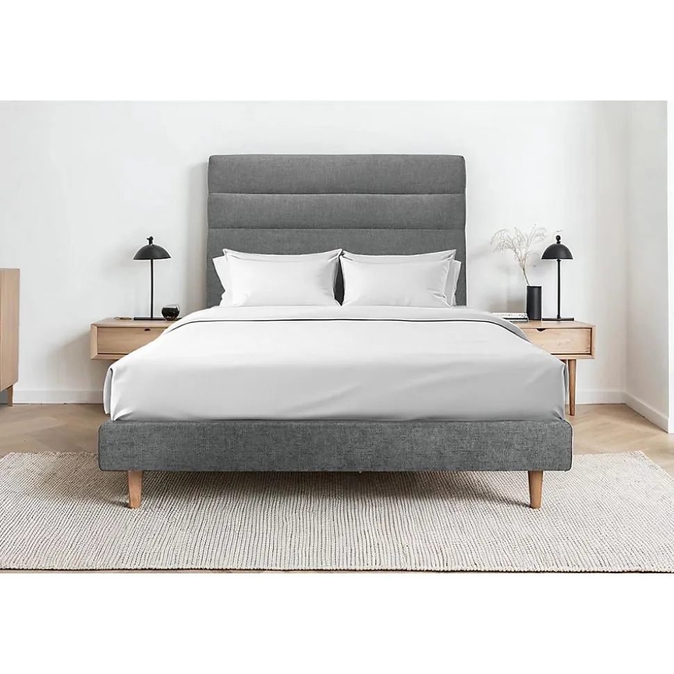 Lit avec tête de lit lignes tissu et sommier tapissier - Lit en bois massif