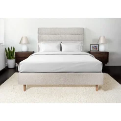 Lit avec tête de lit lignes bouclette et sommier tapissier - Lit en bois massif