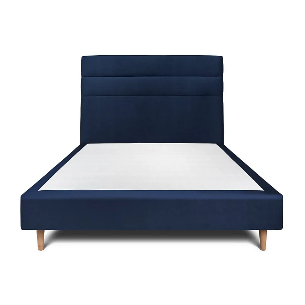 Lit avec tête de lit lignes velours et sommier tapissier - Lit en bois massif