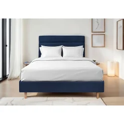 Lit avec tête de lit lignes velours et sommier tapissier - Lit en bois massif