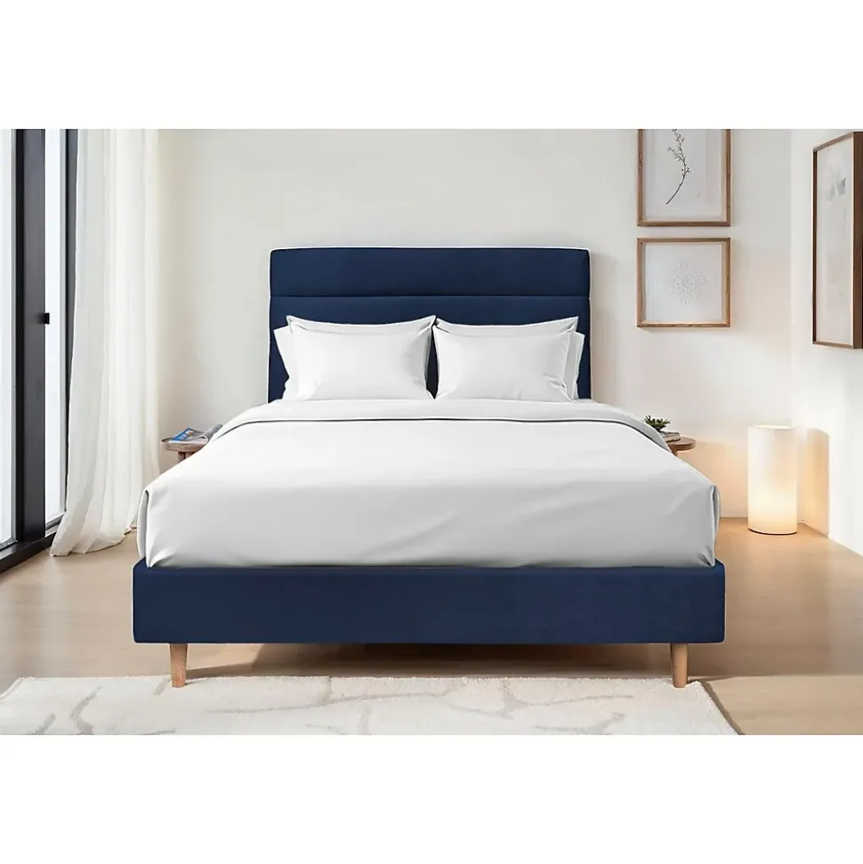 Lit avec tête de lit lignes velours et sommier tapissier - Lit en bois massif