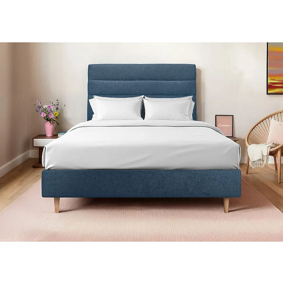 Lit avec tête de lit lignes tissu et sommier tapissier - Lit en bois massif