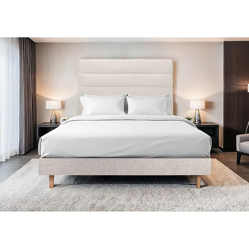 Lit avec tête de lit lignes tissu et sommier tapissier - Lit en bois massif