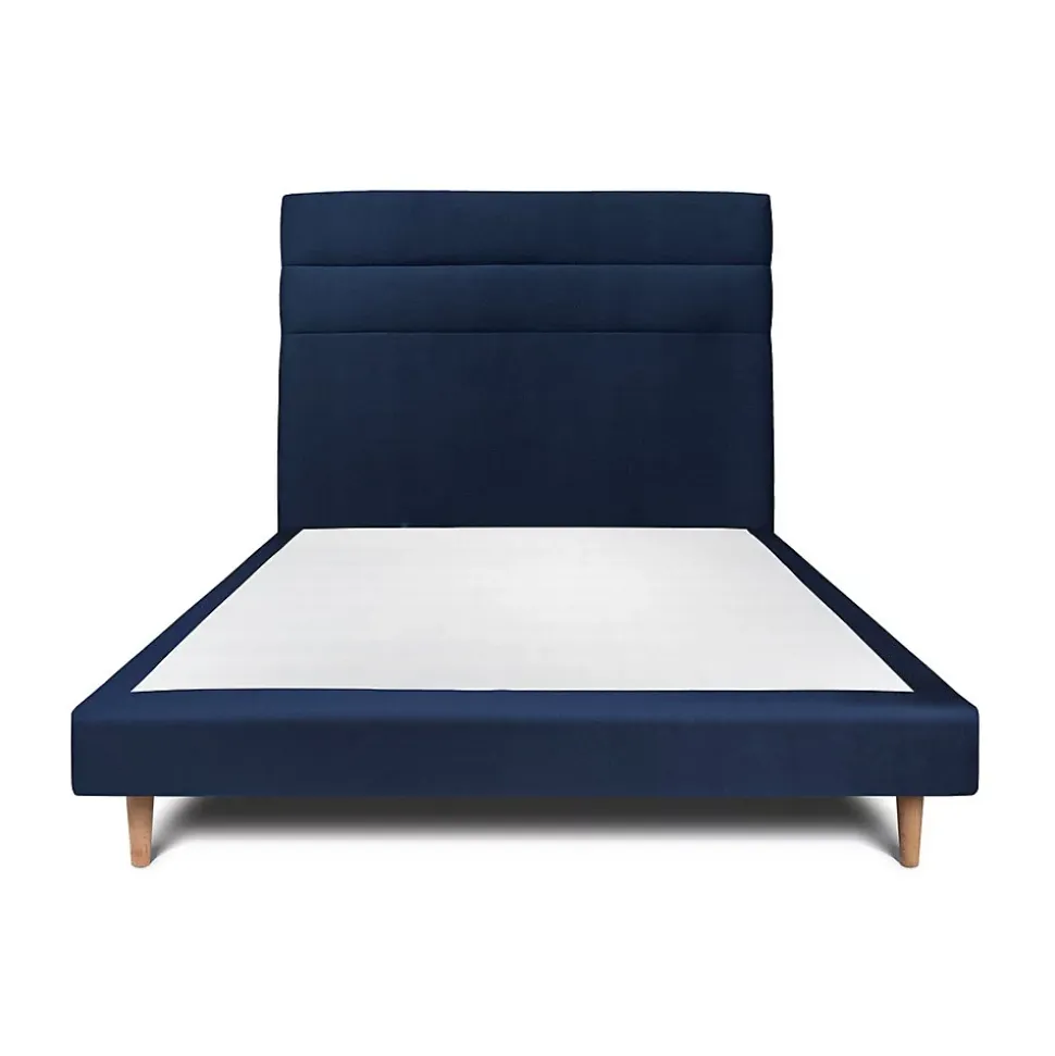 Lit avec tête de lit lignes velours et sommier tapissier - Lit en bois massif