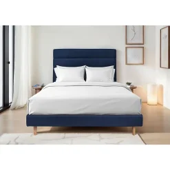 Lit avec tête de lit lignes velours et sommier tapissier - Lit en bois massif