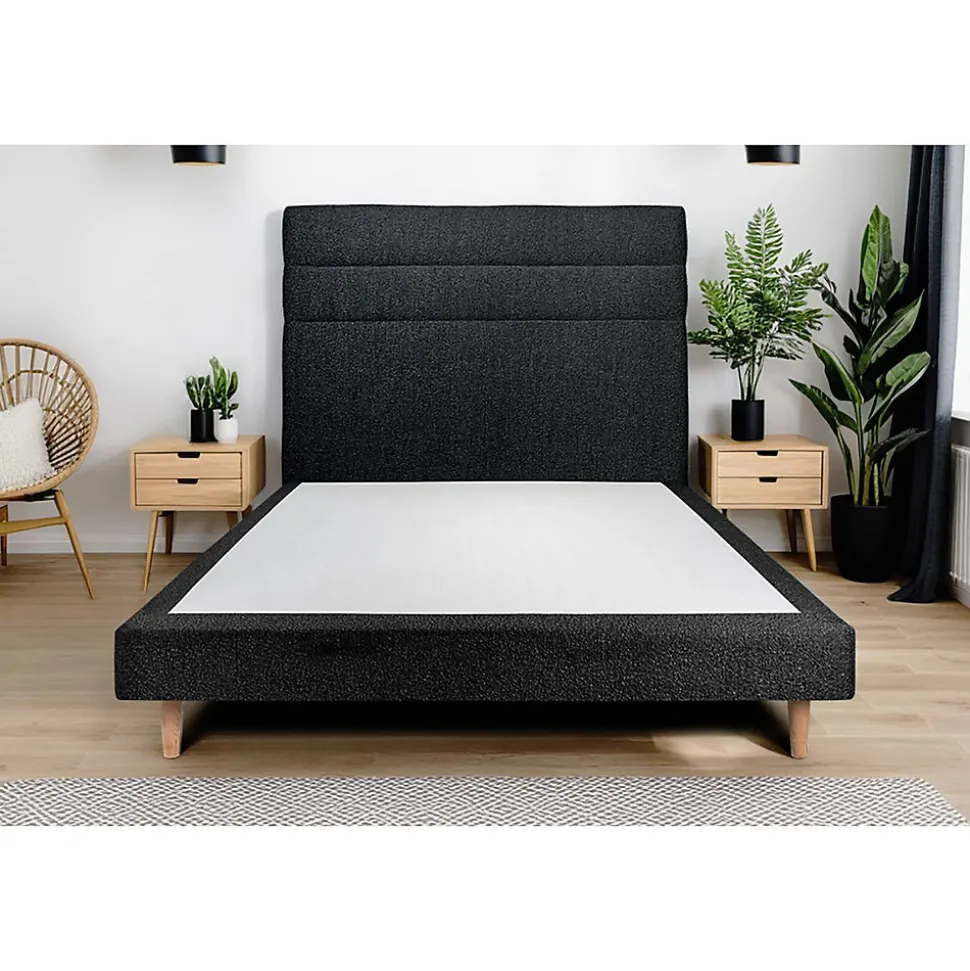 Lit avec tête de lit lignes bouclette et sommier tapissier - Lit en bois massif