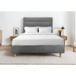 Lit avec tête de lit lignes tissu et sommier tapissier - Lit en bois massif