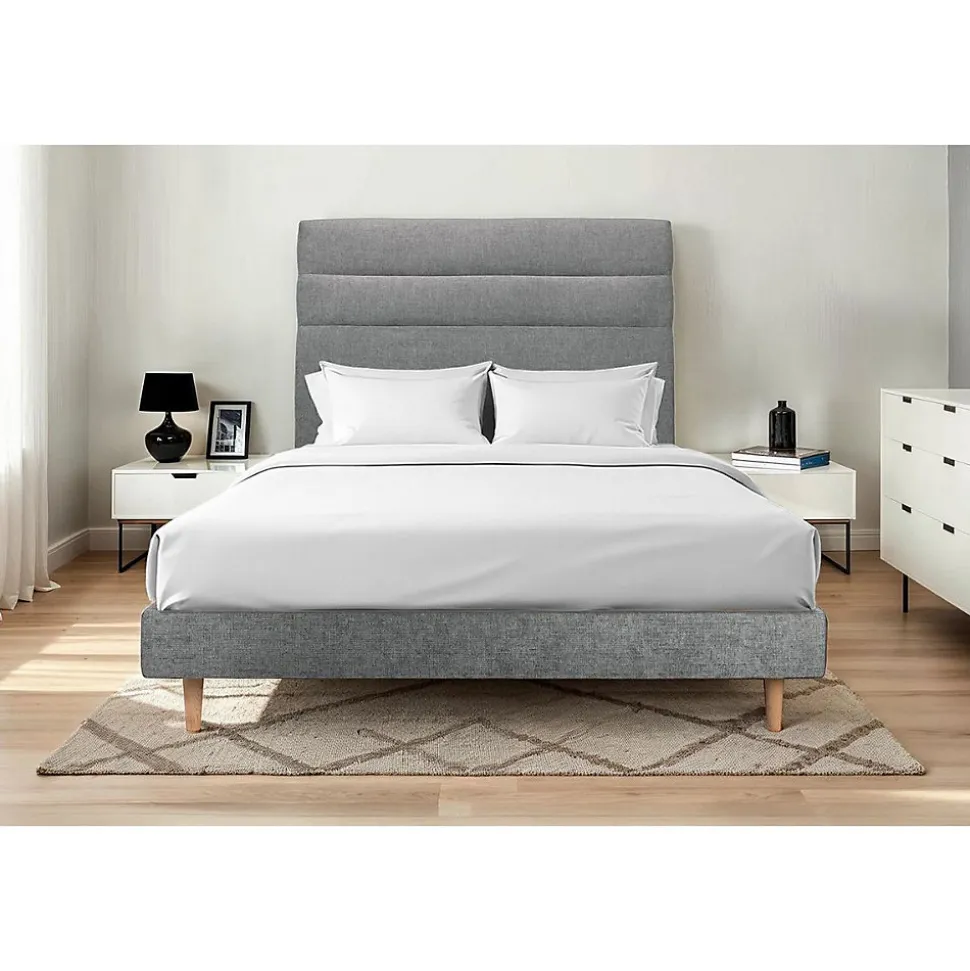 Lit avec tête de lit lignes tissu et sommier kit - Lit en bois massif