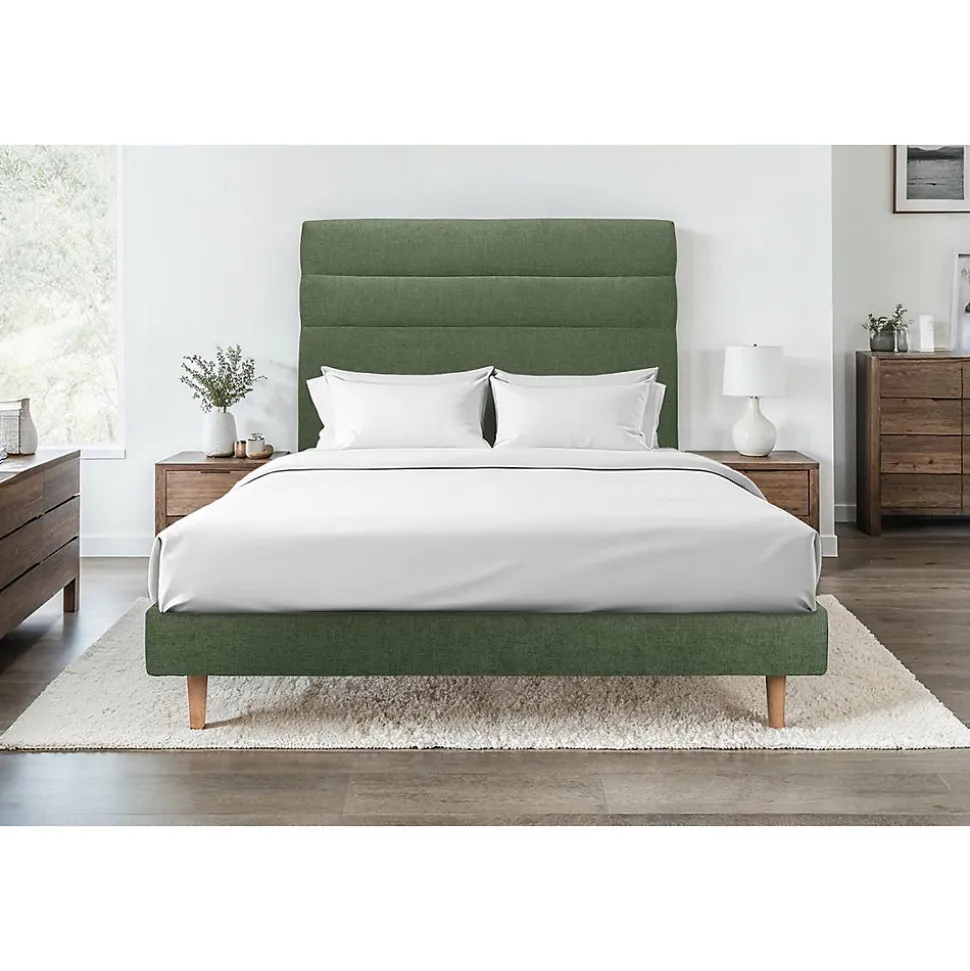 Lit avec tête de lit lignes tissu et sommier kit - Lit en bois massif