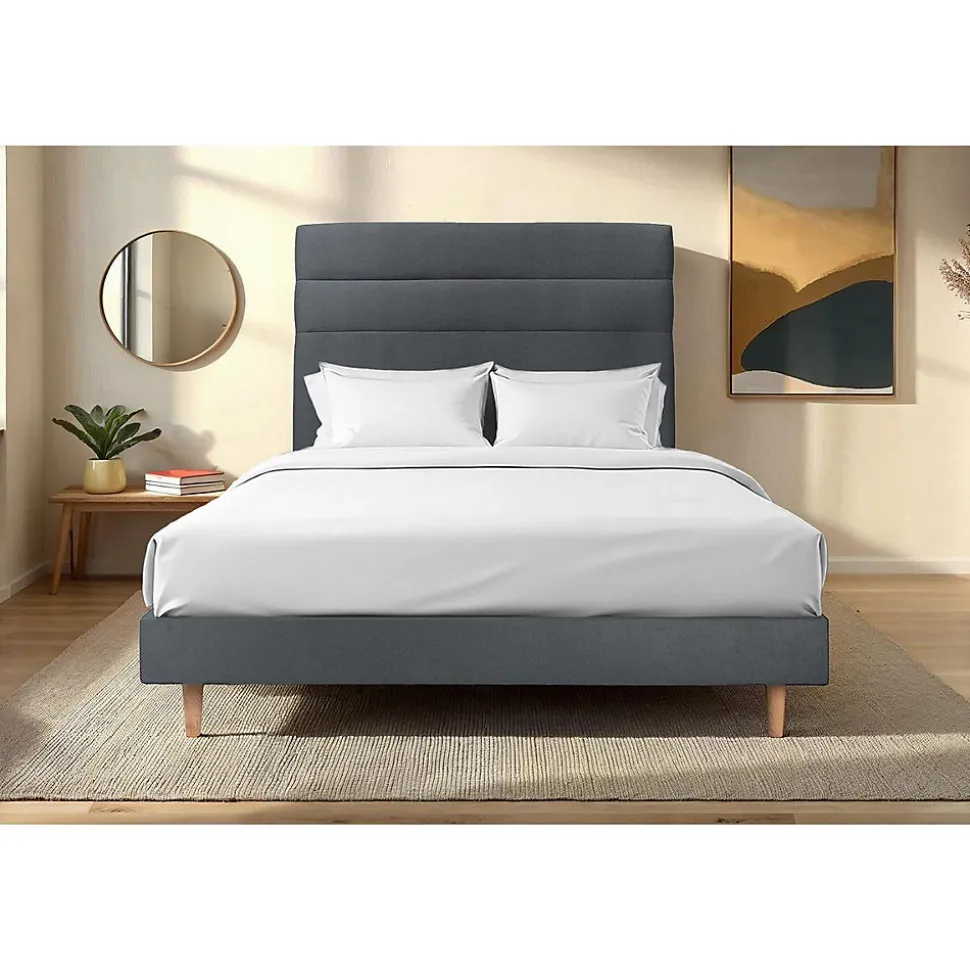 Lit avec tête de lit lignes velours et sommier kit - Lit en bois massif