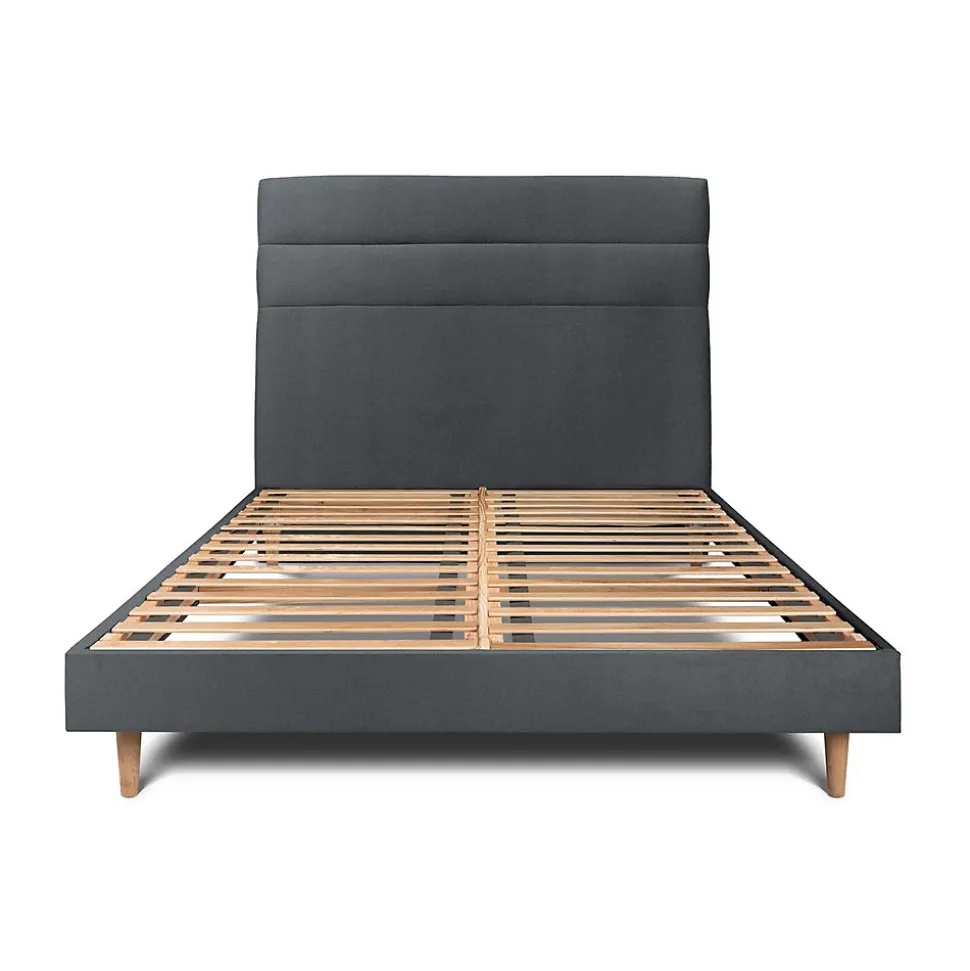 Lit avec tête de lit lignes velours et sommier kit - Lit en bois massif