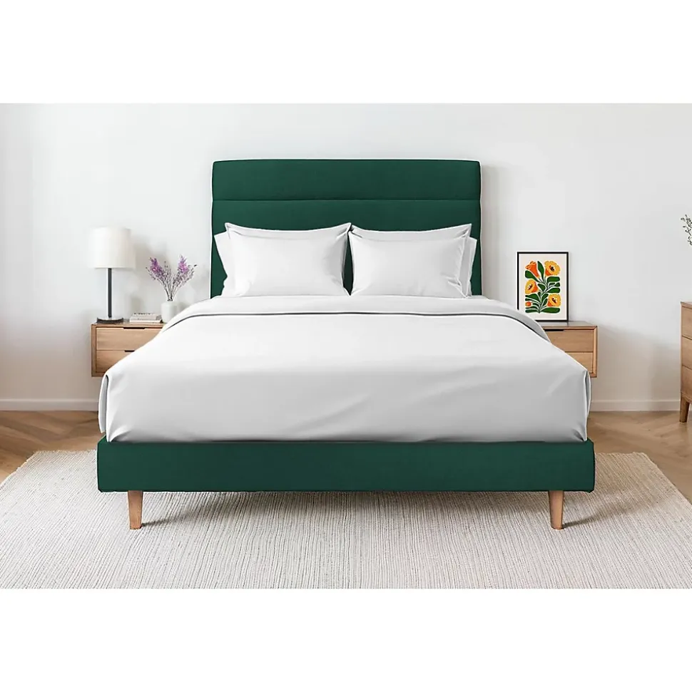 Lit avec tête de lit lignes velours et sommier kit - Lit en bois massif