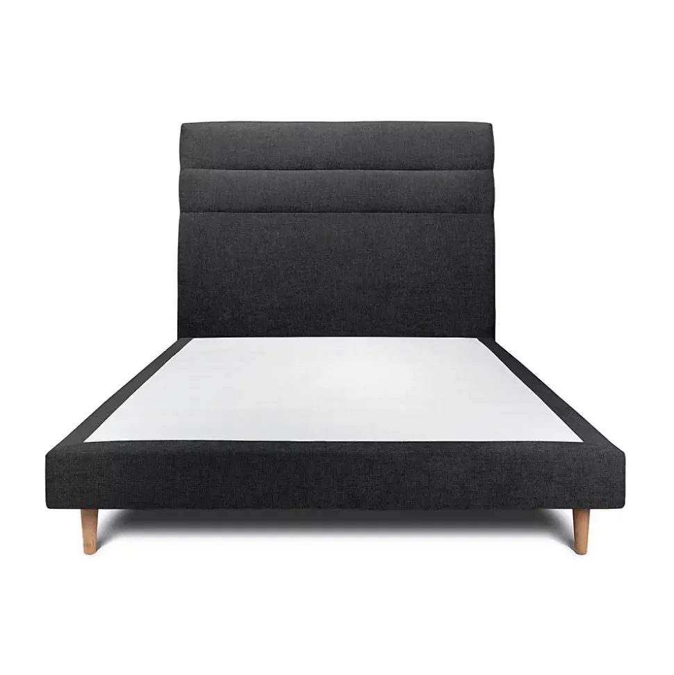 Lit avec tête de lit lignes tissu et sommier tapissier - Lit en bois massif