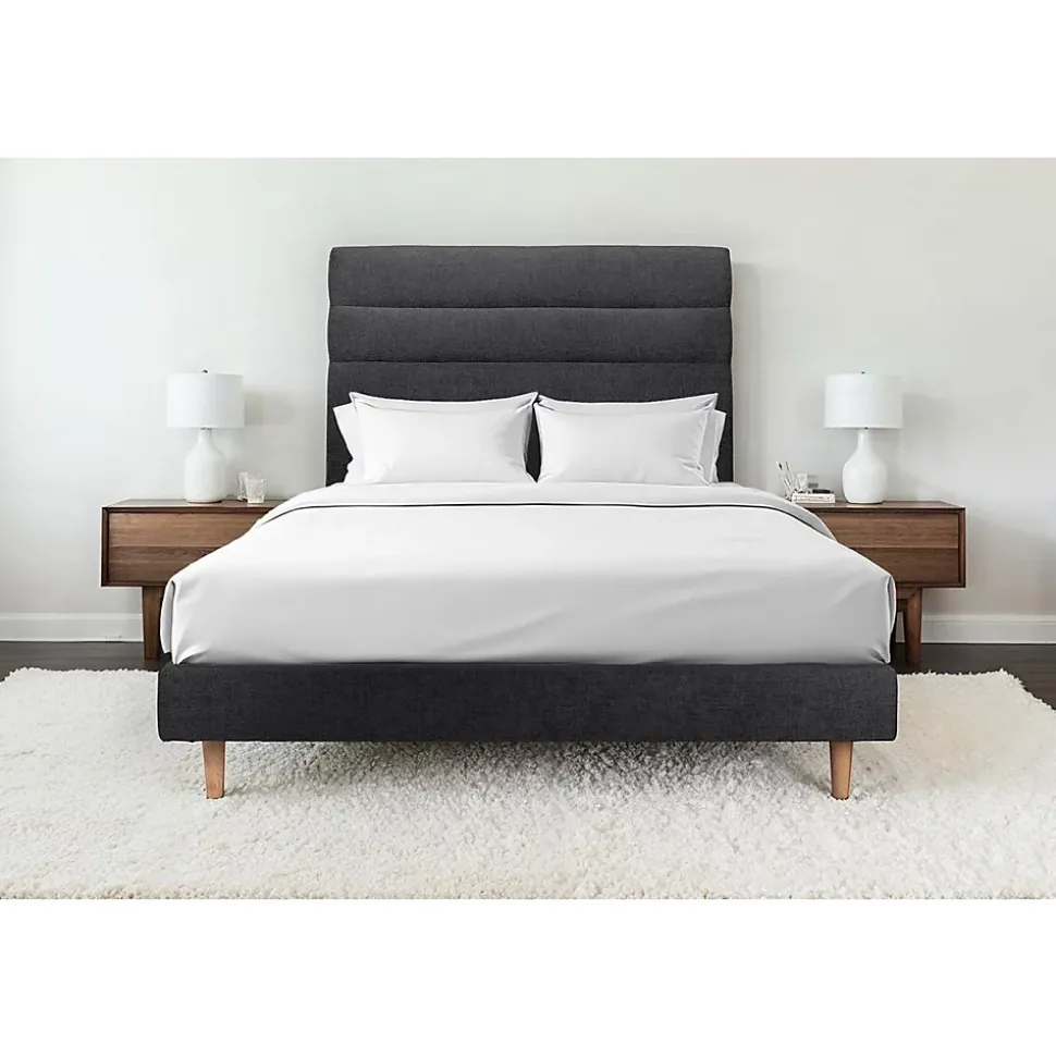 Lit avec tête de lit lignes tissu et sommier tapissier - Lit en bois massif