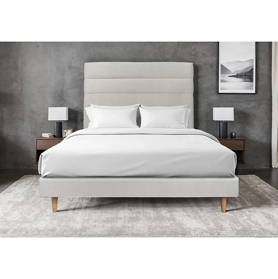 Lit avec tête de lit lignes velours et sommier tapissier - Lit en bois massif