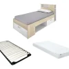 Lit avec tête de lit rangements et tiroir - 90 x 190 cm - Blanc et Naturel + matelas + sommier - LEANDRE