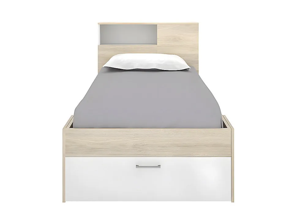 Lit avec tête de lit rangements et tiroir - 90 x 190 cm - Blanc et Naturel + matelas + sommier - LEANDRE