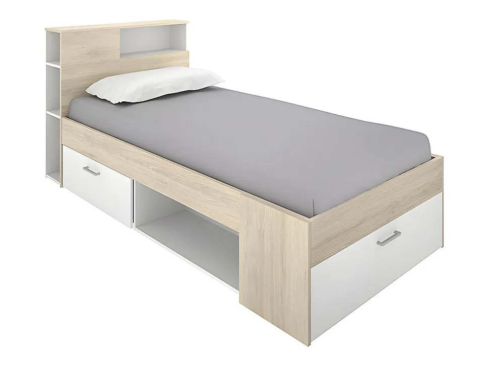 Lit avec tête de lit rangements et tiroir - 90 x 190 cm - Blanc et Naturel + matelas + sommier - LEANDRE