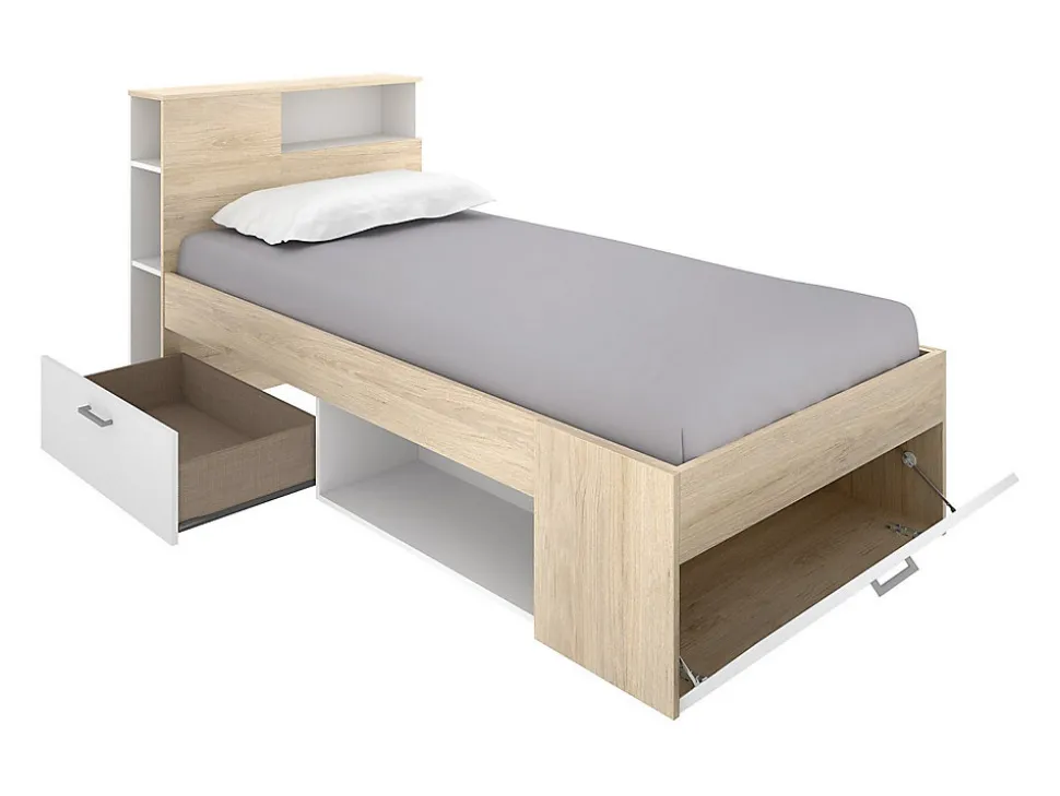Lit avec tête de lit rangements et tiroir - 90 x 190 cm - Blanc et Naturel + matelas + sommier - LEANDRE