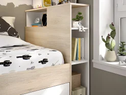 Lit avec tête de lit rangements et tiroir - 90 x 190 cm - Blanc et Naturel + matelas + sommier - LEANDRE