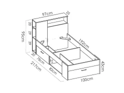 Lit avec tête de lit rangements et tiroir - 90 x 190 cm - Blanc et Naturel + matelas + sommier - LEANDRE