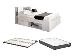 Lit avec tête de lit rangements et tiroirs - 160 x 200 cm - Coloris : Blanc + Sommier + Matelas - LEANDRE
