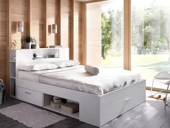 Lit avec tête de lit rangements et tiroirs - 160 x 200 cm - Coloris : Blanc + Sommier + Matelas - LEANDRE