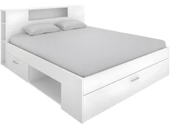 Lit avec tête de lit rangements et tiroirs - 160 x 200 cm - Coloris : Blanc + Sommier + Matelas - LEANDRE