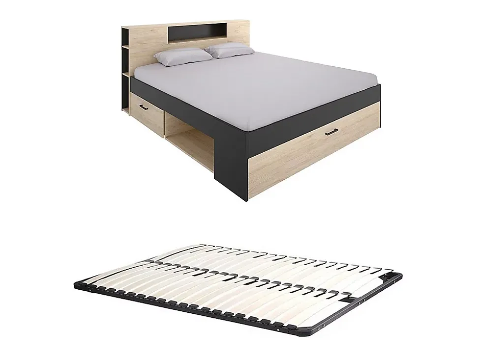 Lit avec tête de lit rangements et tiroirs - 140 x 190 cm - Coloris : Naturel et anthracite + Sommier - LEANDRE