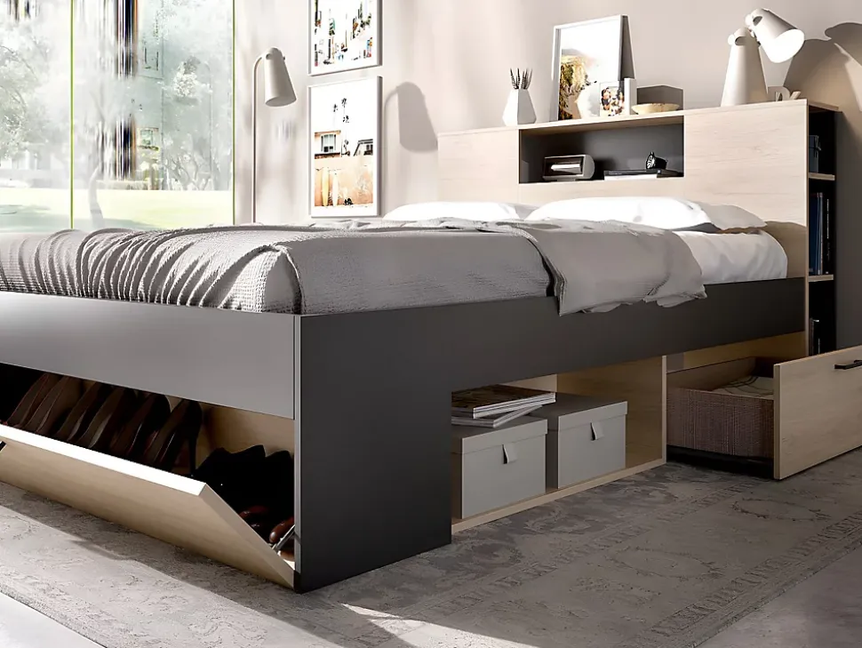 Lit avec tête de lit rangements et tiroirs - 140 x 190 cm - Coloris : Naturel et anthracite + Sommier - LEANDRE