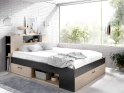 Lit avec tête de lit rangements et tiroir - 120 x 190 cm - Naturel et blanc + Sommier + Matelas - LEANDRE