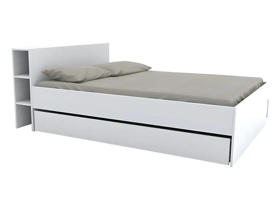 Lit avec tête de lit rangements et tiroirs 160 x 200 cm - Blanc - EUGENE