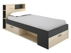 Lit avec tête de lit rangements et tiroir - 90 x 190 cm - Anthracite et naturel - LEANDRE
